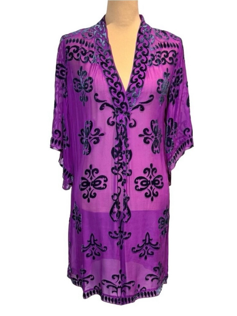 VTG Hale Bob Burnout Silk Velvet Kaftan Beach Cover Up Sz S Purple Resort Boho